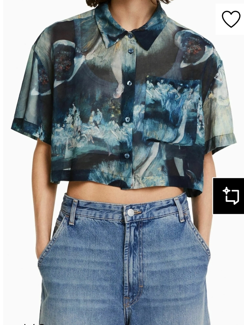 Bershka Teal & Navy Cropped Button-Down Shirt Sz M Short Sleeve Artistic Print